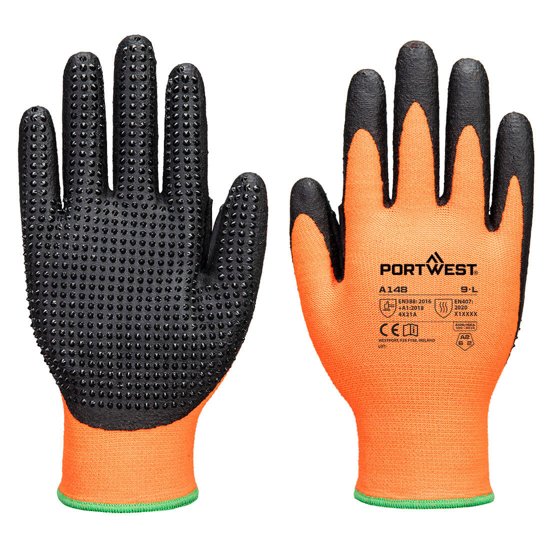 Portwest A148 - Grip 13 nitril pontozott kesztyű, narancs/fekete termék fő termékképe